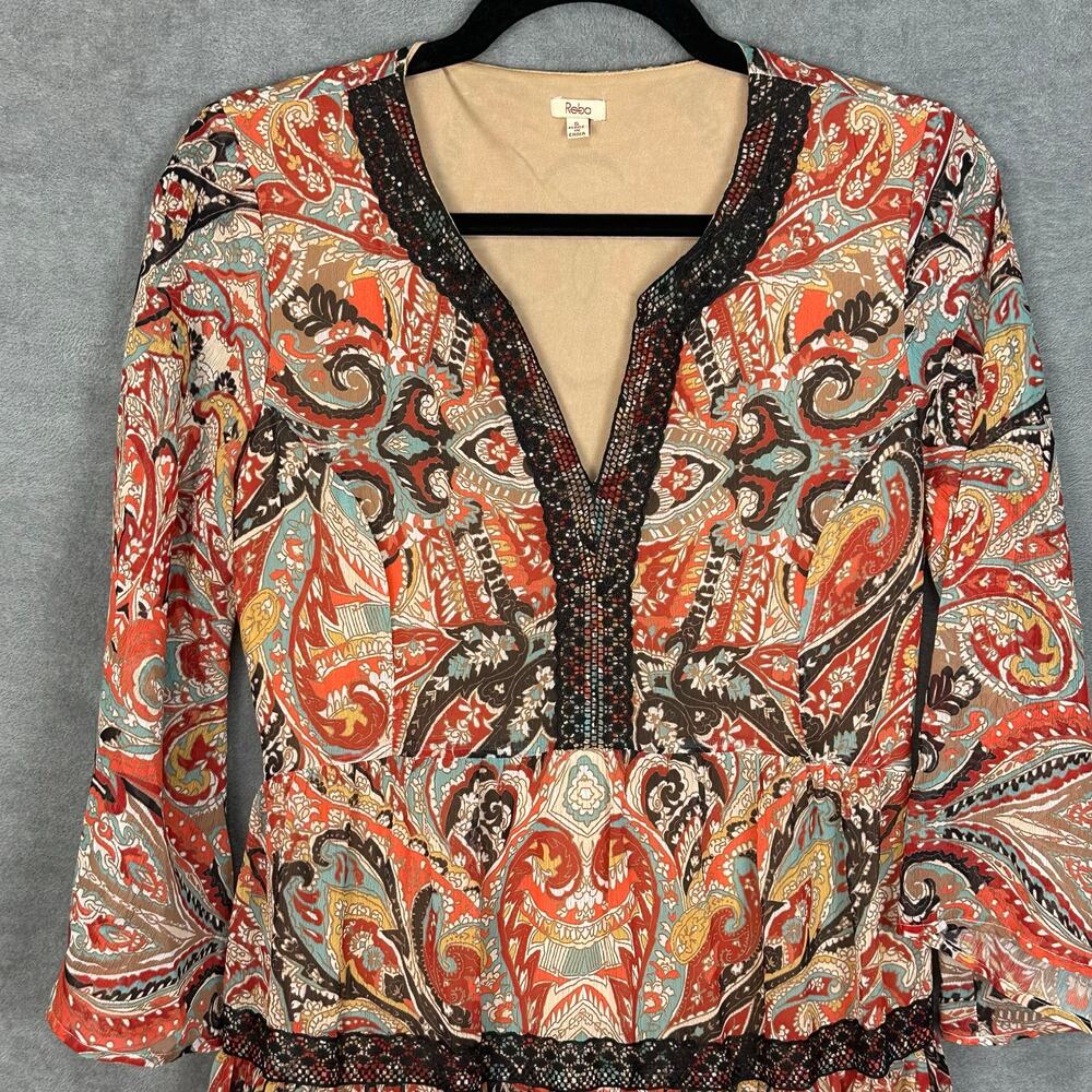Reba Dress Womens Small Brown Paisley Maxi Tiered Bell Sleeve Boho Hippie Beach - Picture 2 of 14